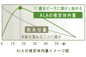 17歳をピークに減少し始めるALAの推定体内量